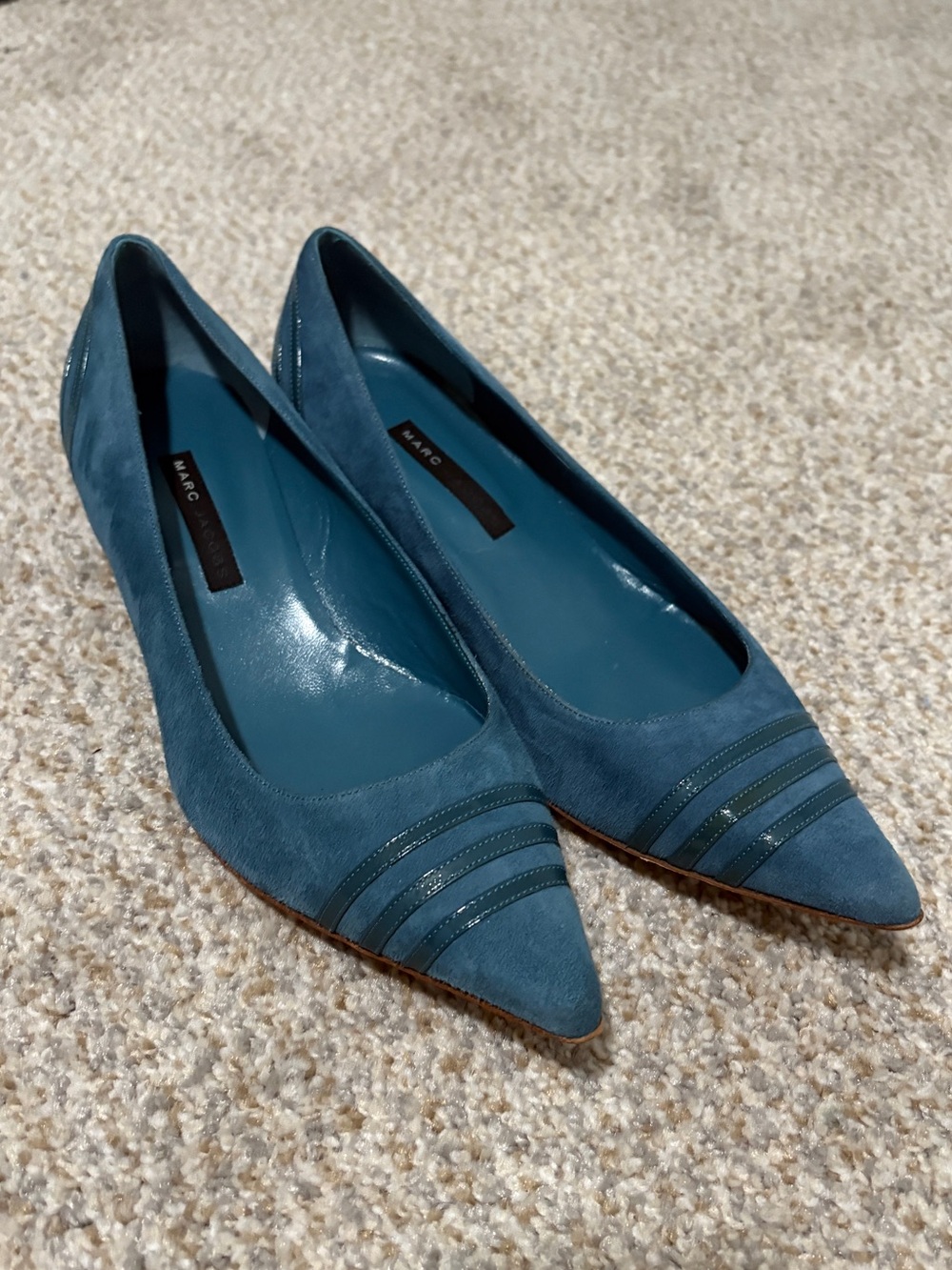 Marc Jacobs Teal Pointed-Toe Suede Kitten Heels with Striped Toe Detail